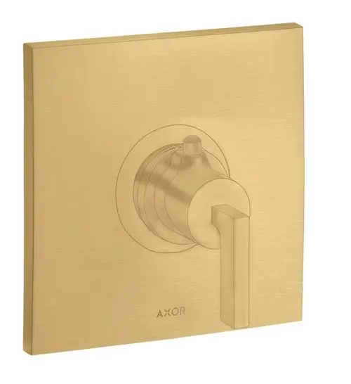 Unterputz-Armatur mit Hebelgriff in Brushed Gold Optik von AXOR, quadratische Blende und runde Steuerung. Design für Thermostat-Anwendungen, moderne Oberfläche.
